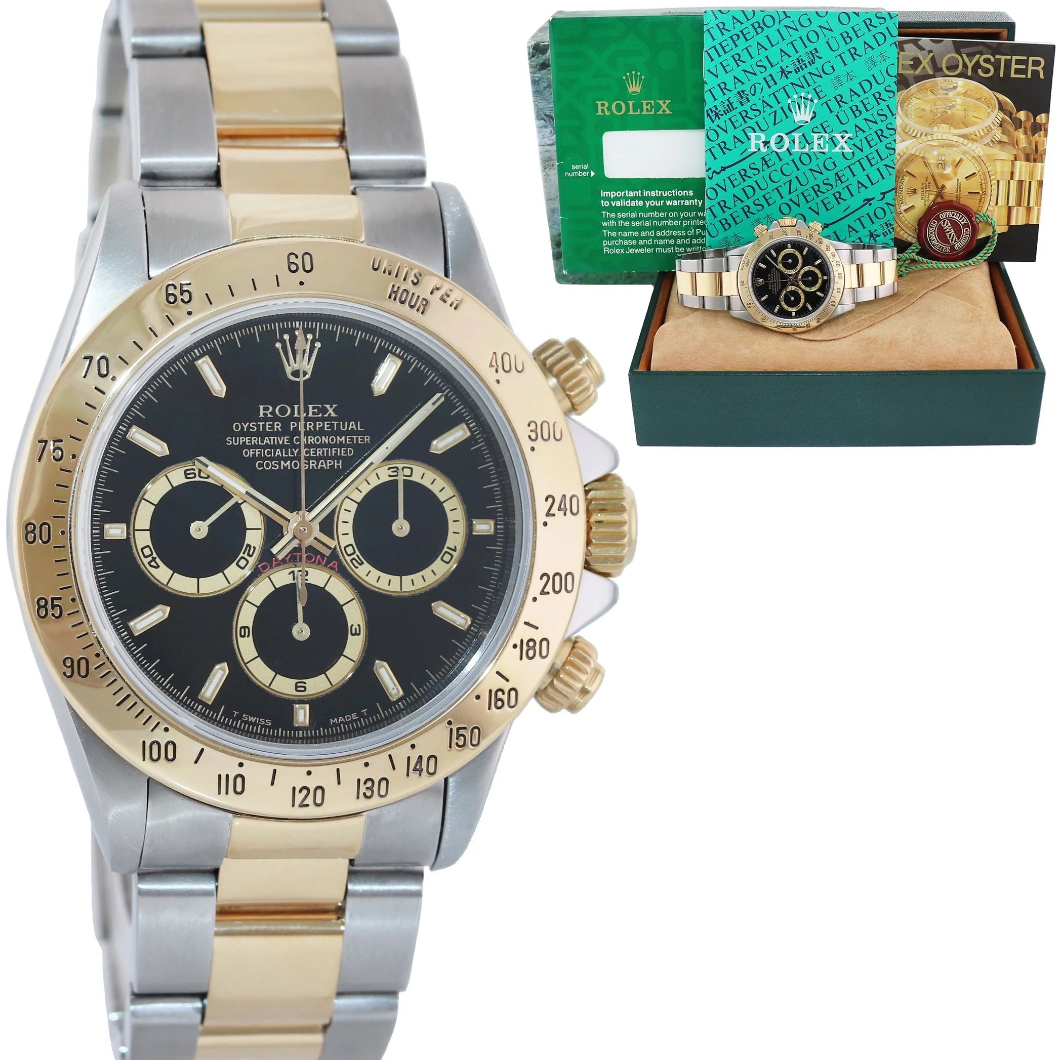 1997 MINT Rolex Daytona 16523 Zenith Black Yellow Gold Two Tone Watch Box