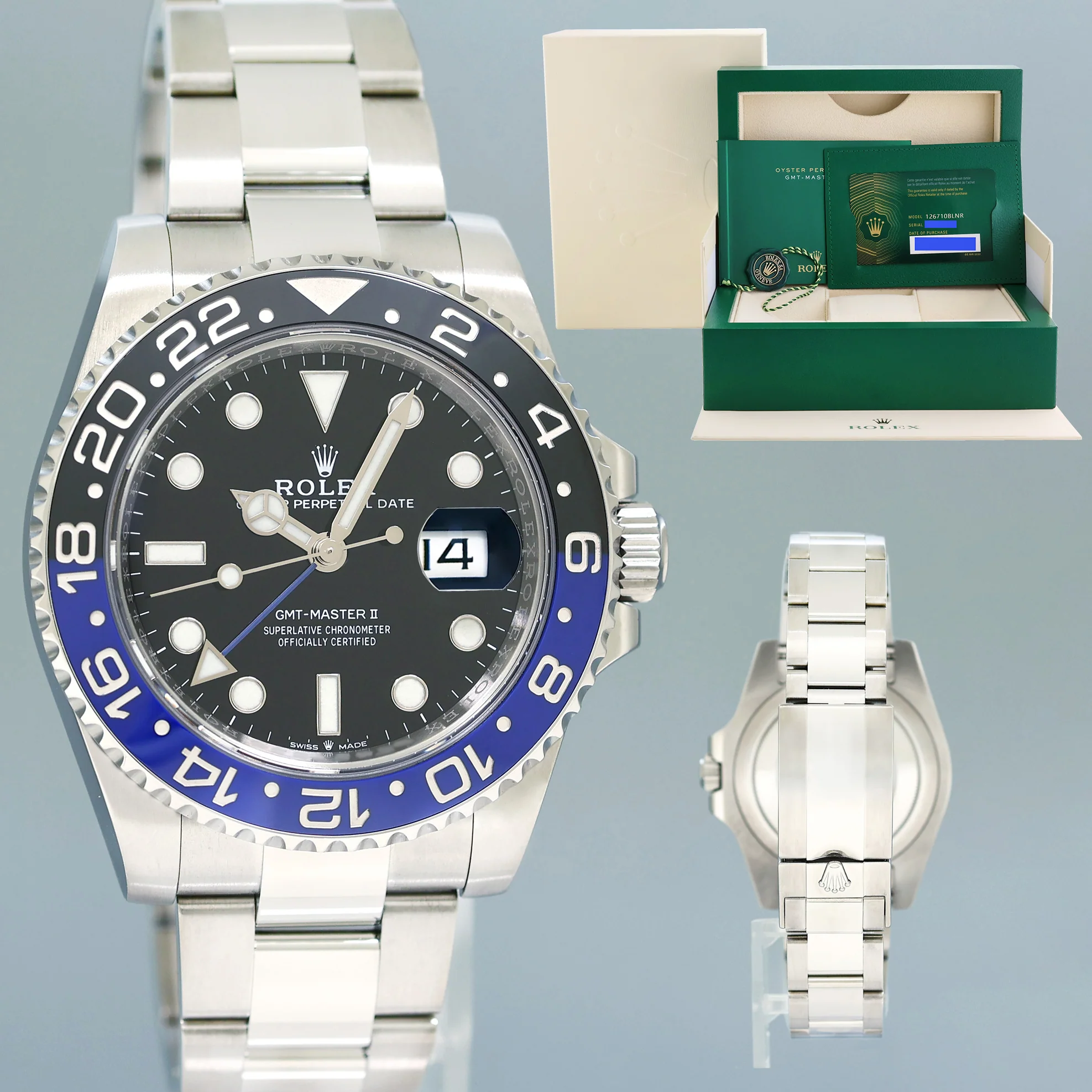 2022 NEW PAPERS Rolex 126710BLNR GMT Master II Batman Black Blue Oyster Ceramic Watch