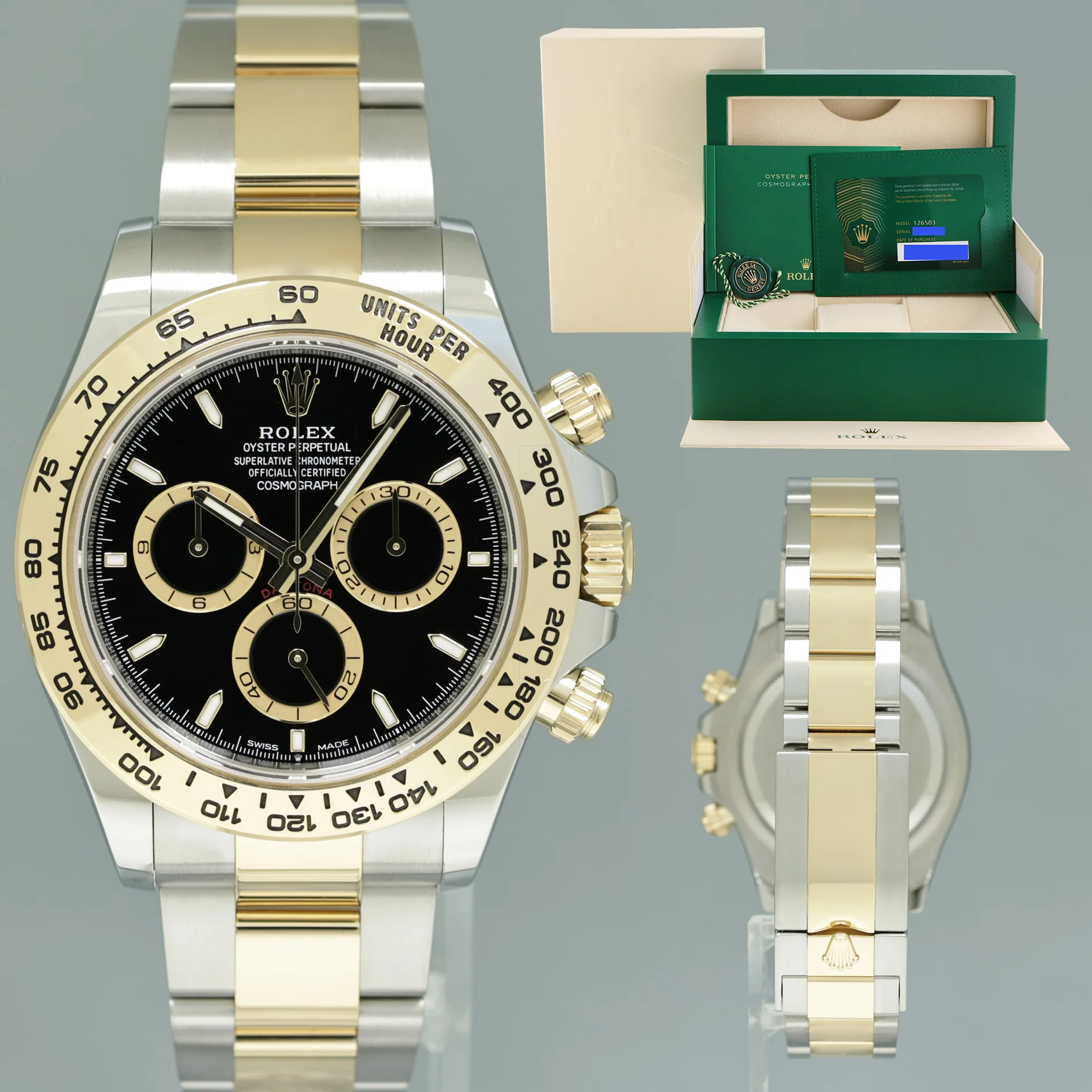 2023 NEW PAPERS Rolex Daytona 126503 Black Chrono Two Tone Yellow Gold Steel Watch