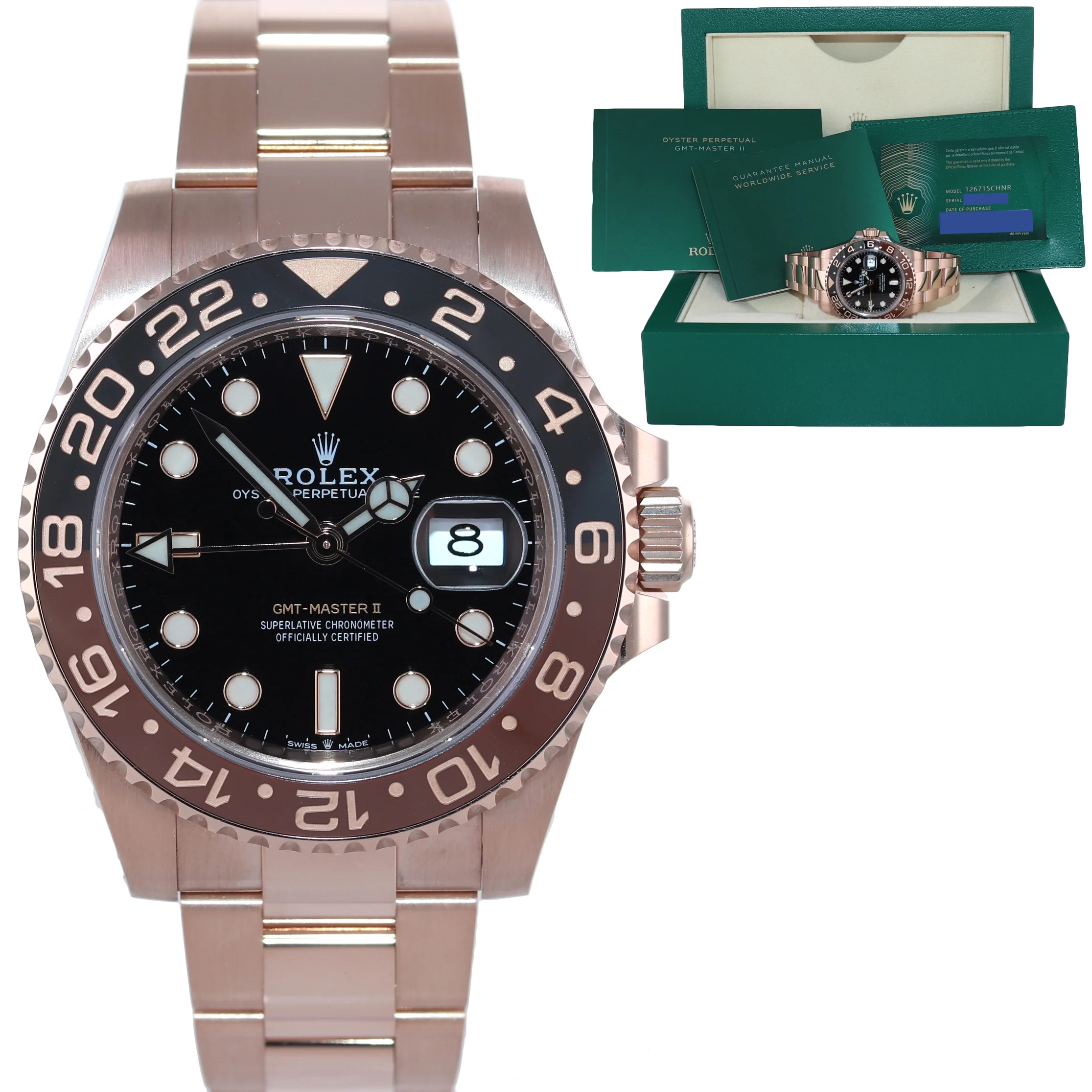 2020 NEW PAPERS Rolex GMT Master Rose Gold Ceramic Root Beer 126715 Watch Box