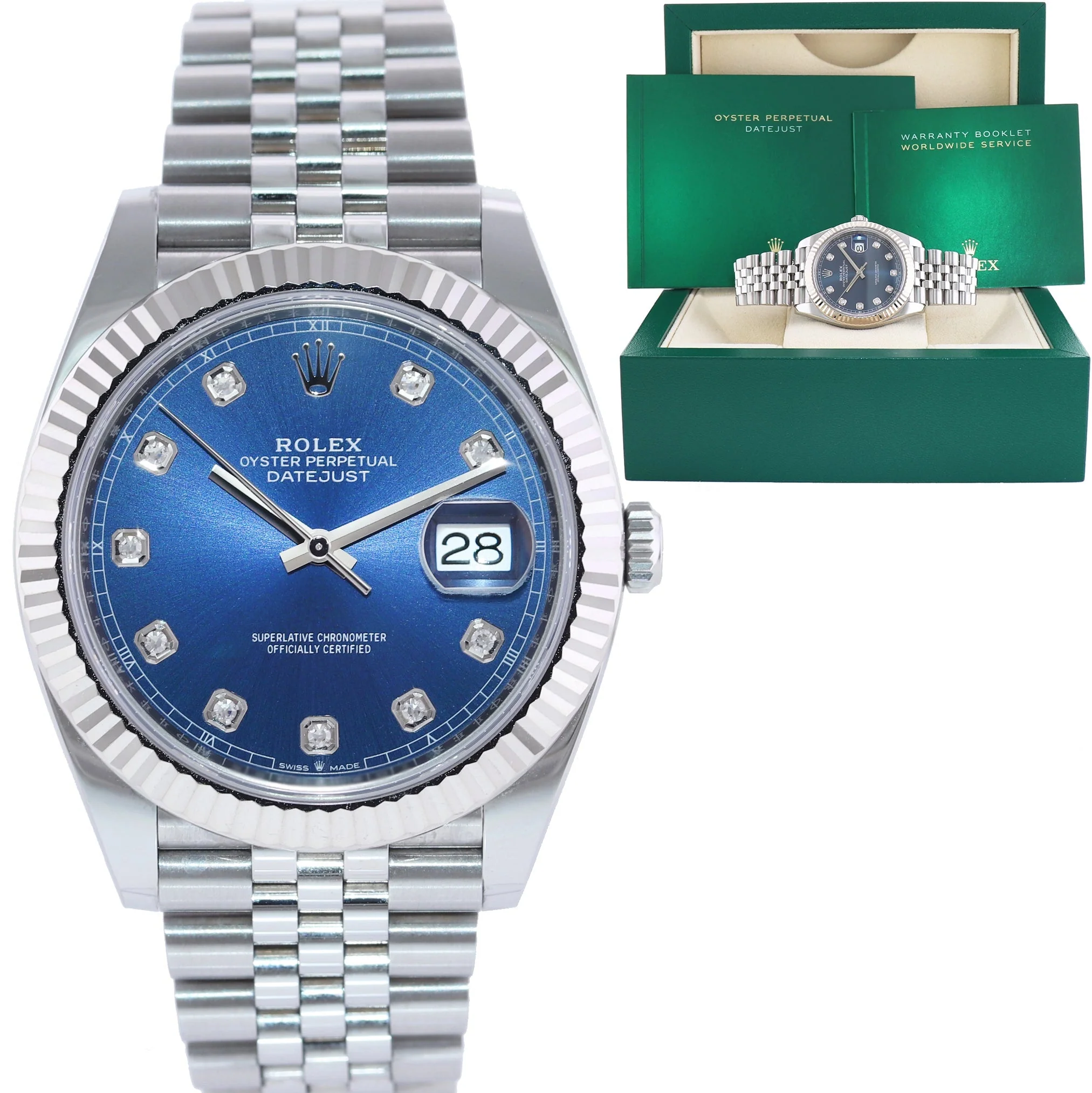 2024 NEW Rolex DateJust 41 Blue Diamond Jubilee White Gold Fluted 126334 Watch Box