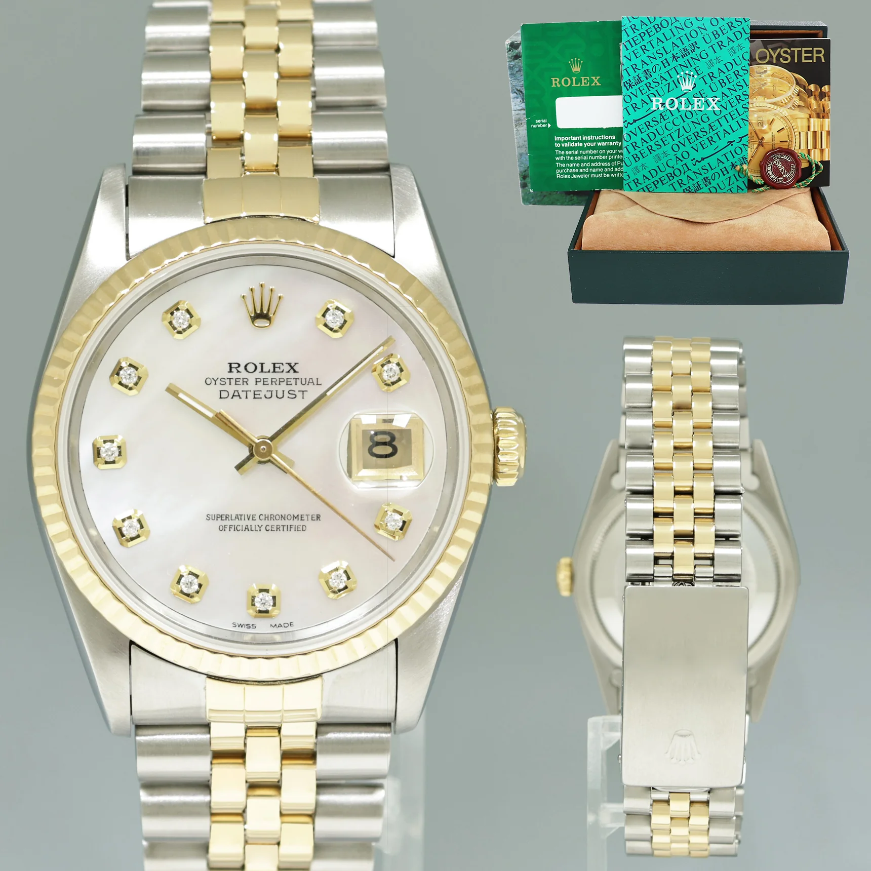 DIAMOND Pearl Rolex DateJust 16013 Two-Tone Yellow Gold 36mm Jubilee Watch Box