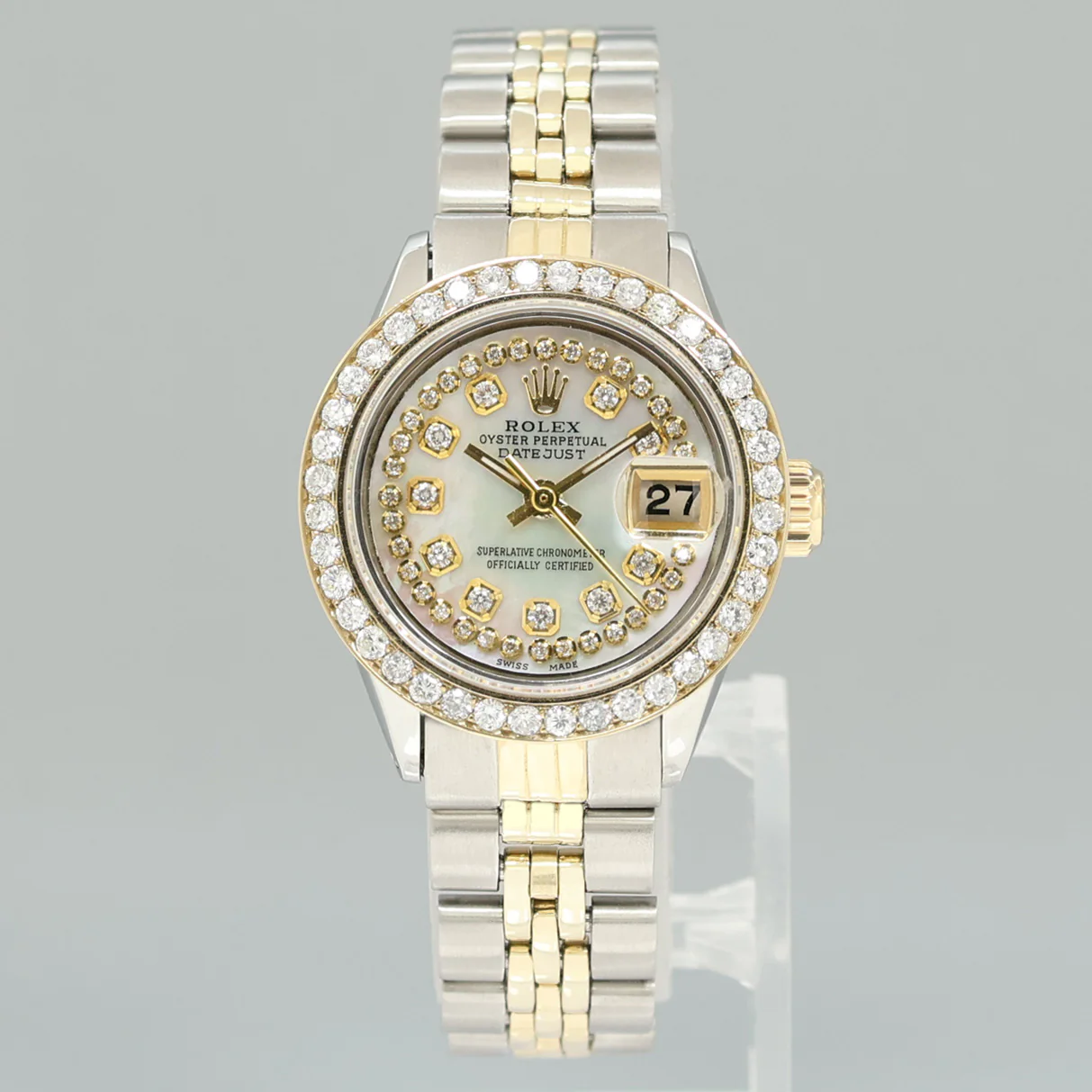 Ladies Rolex Date 26m 6519 Two Tone Yellow Gold MOP Diamond Jubilee Steel Watch Box - Image 2