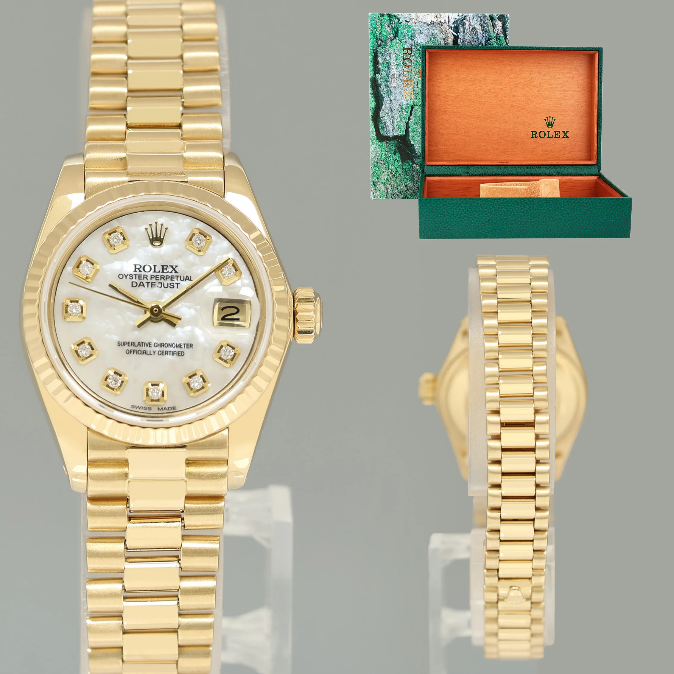 Ladies Rolex DateJust Mother of Pearl Diamond President 26mm 6917 Yellow Gold Watch Box