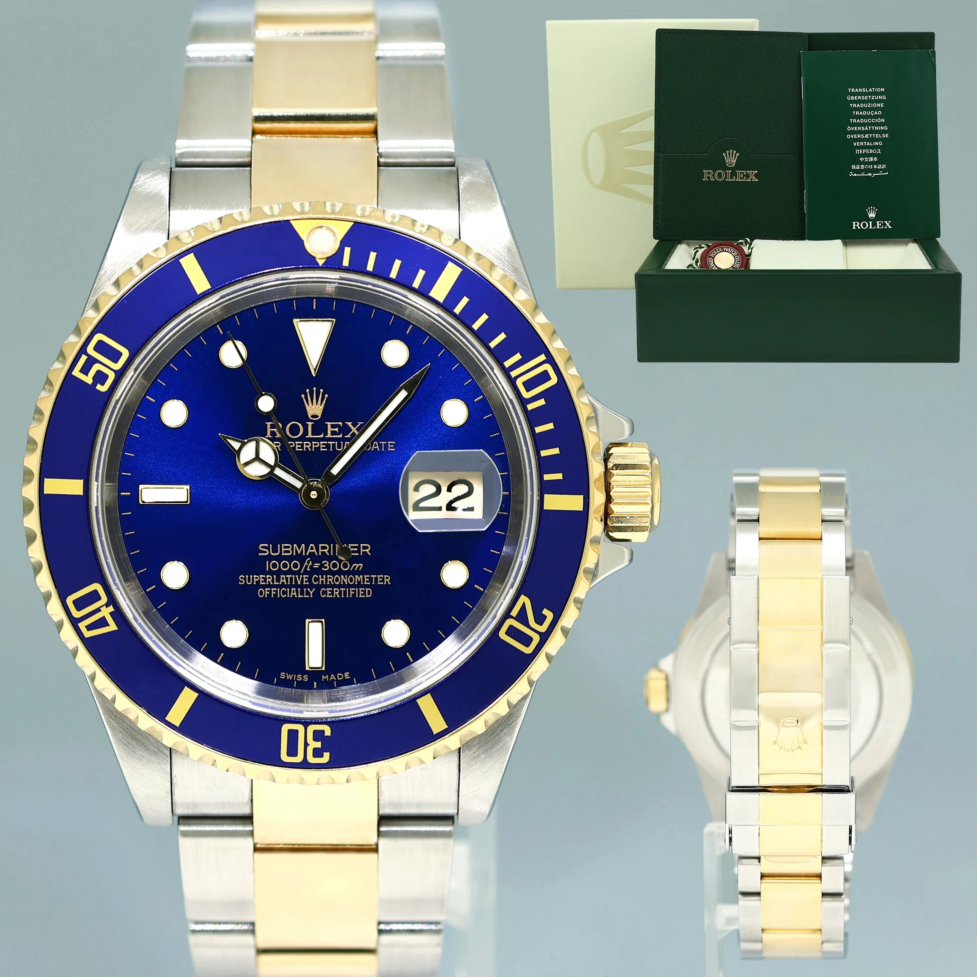 MINT 2007 Rolex Submariner 16613 LB Gold Steel Two Tone Gold 40mm Sunburst Blue Watch
