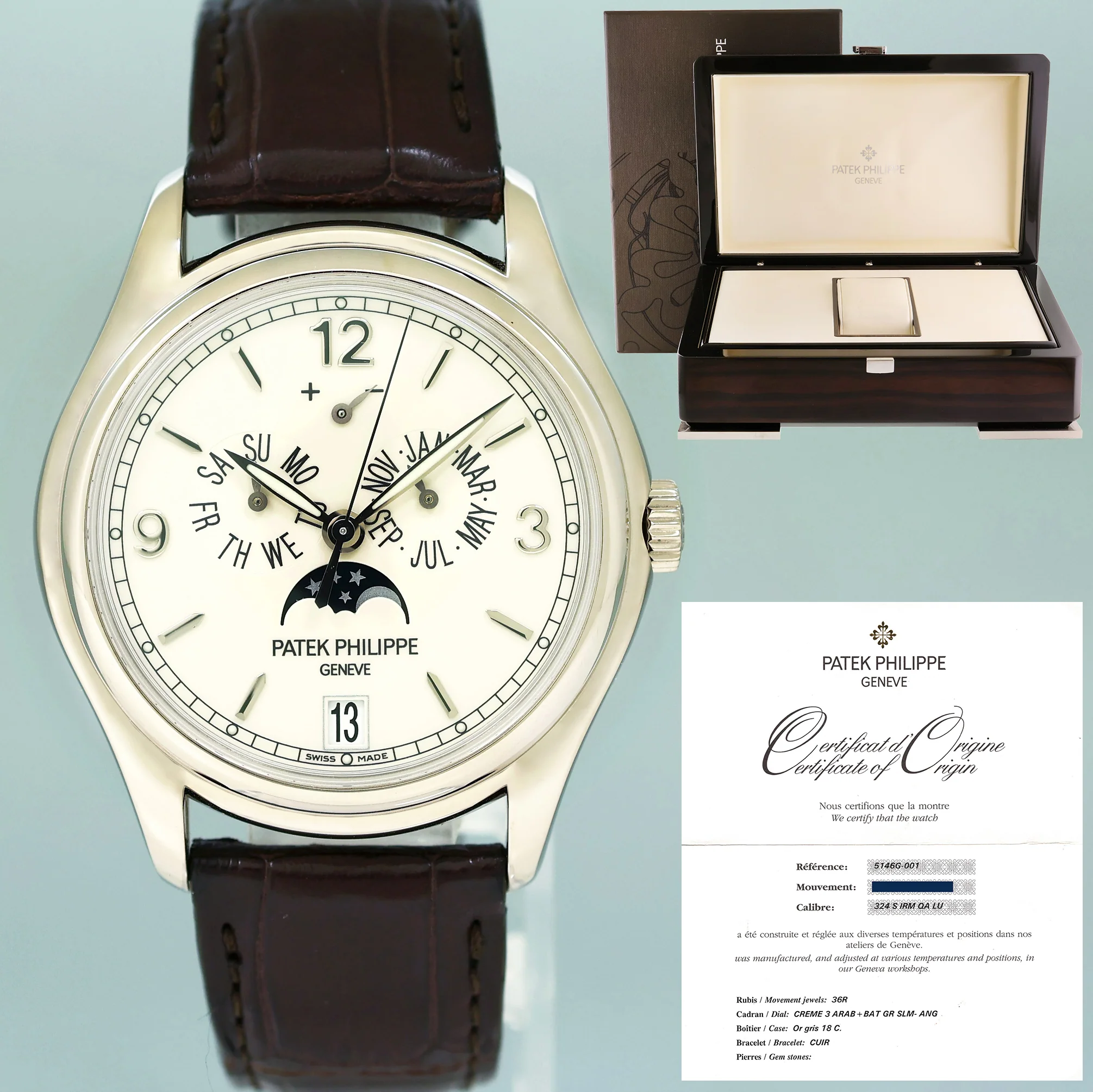 MINT 2013 PAPERS 5146G Patek Philippe White Gold Ivory Dial Annual Calendar 39mm Moon Watch