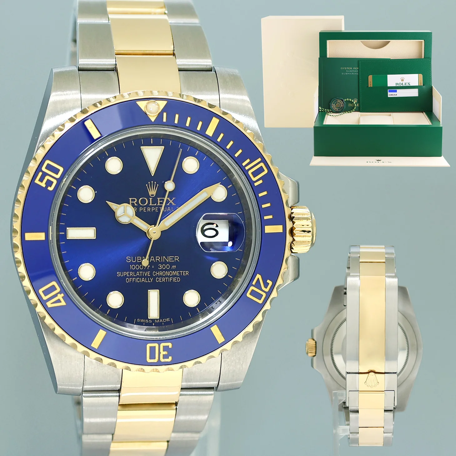 MINT 2017 PAPERS Rolex Submariner Blue Ceramic 116613LB Two Tone Yellow Gold Watch