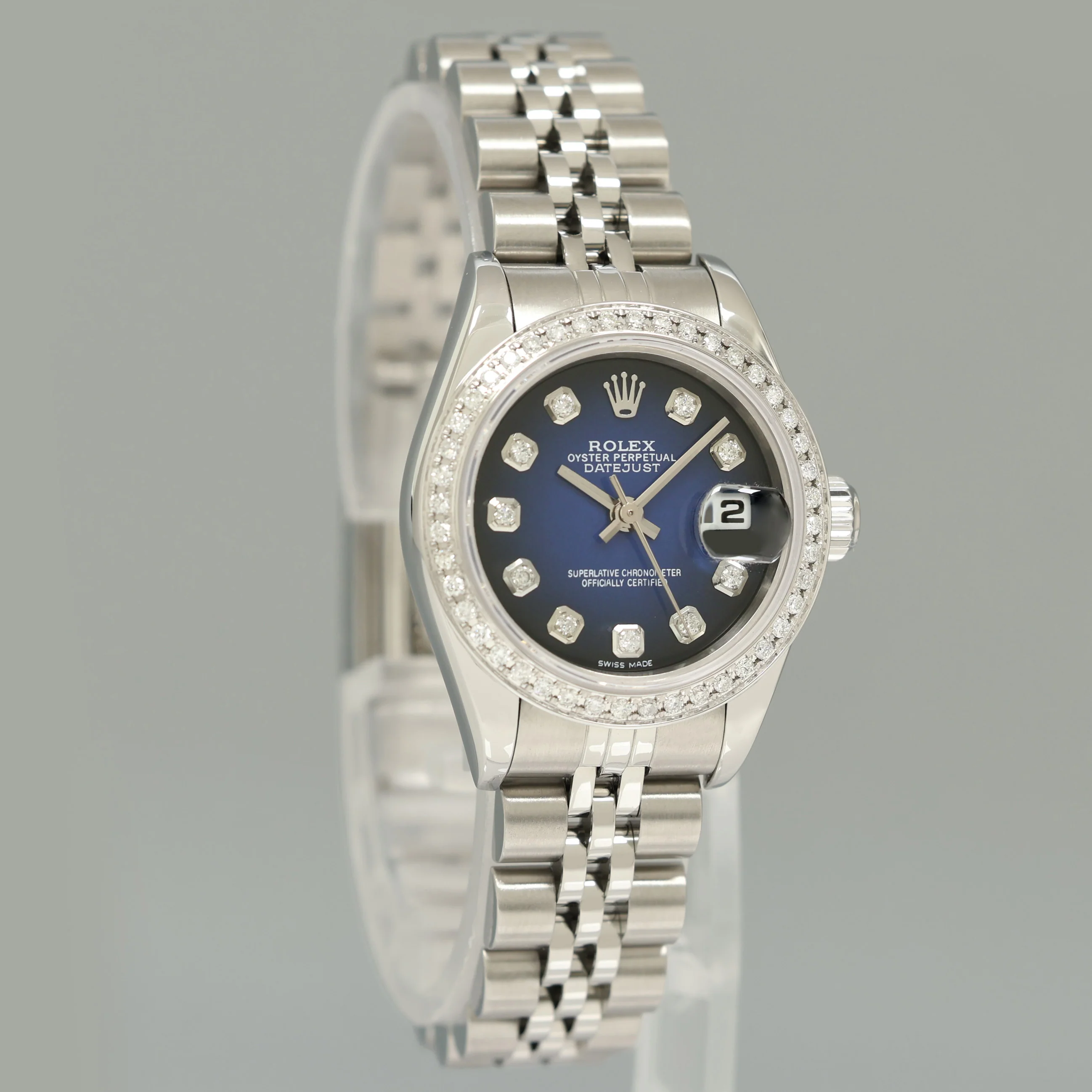 MINT Ladies Rolex 79174 DateJust 26mm Silver Blue Vignette Diamond Bezel Jubilee Watch Box - Image 3