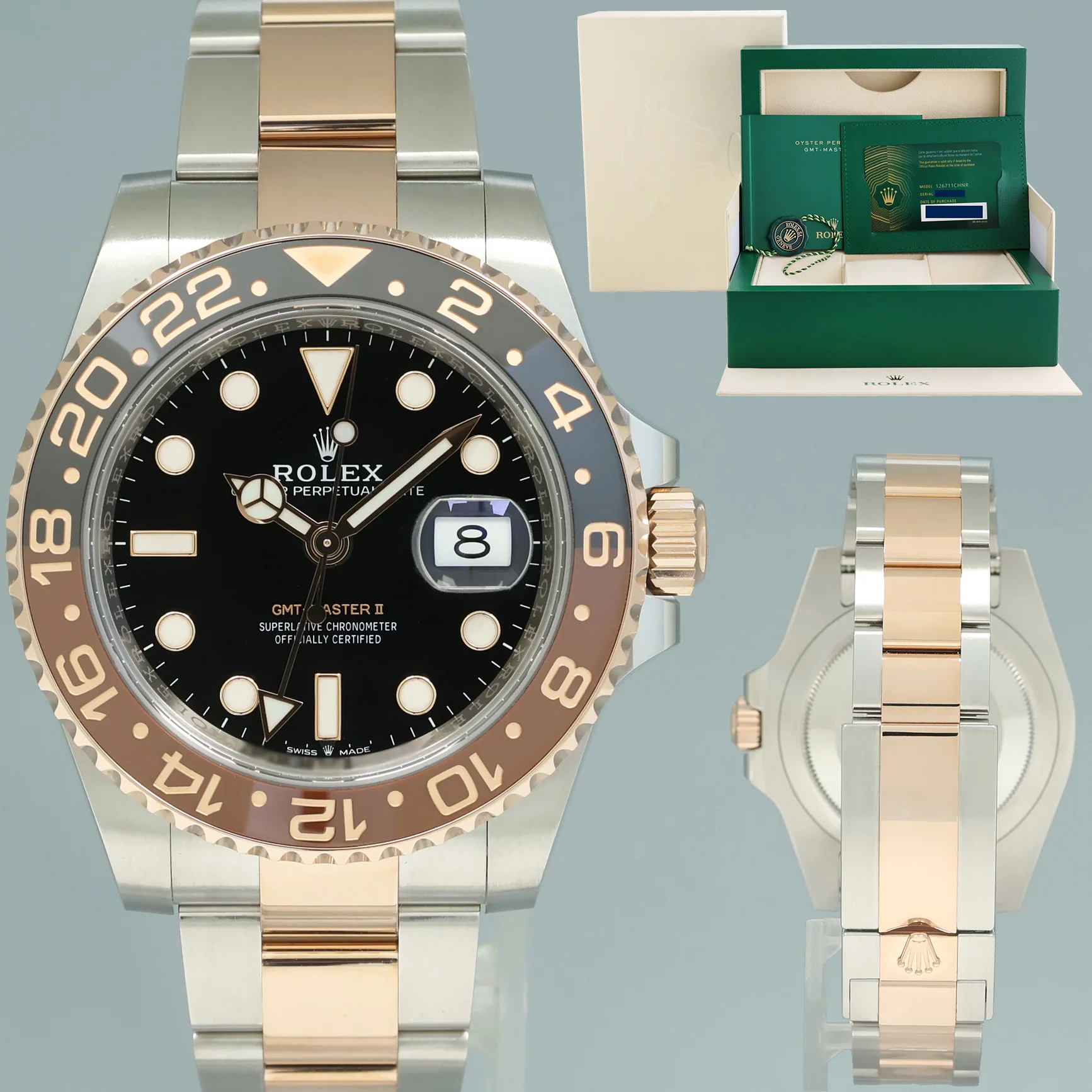 MINT PAPERS Rolex GMT Master II Root Beer Rose Gold 126711 CHNR Watch Box