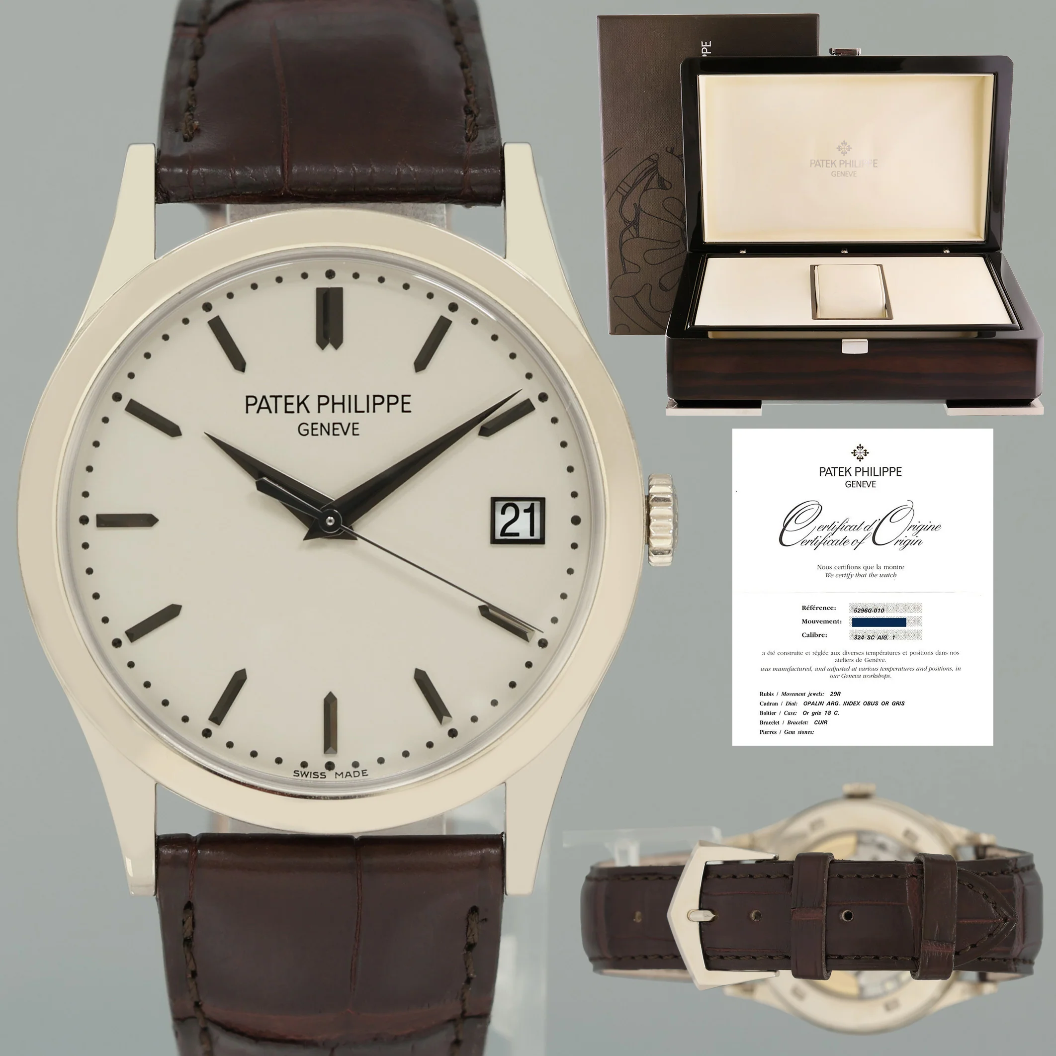 2010 PAPERS MINT Patek Philippe 5296G 38mm White Gold Calatrava Black Leather Watch