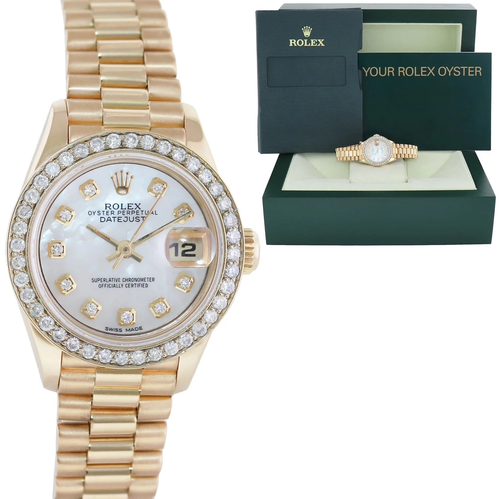 MINT Pearl Diamond Ladies Rolex DateJust 69178 President 26mm 18k Yellow Gold Watch Box