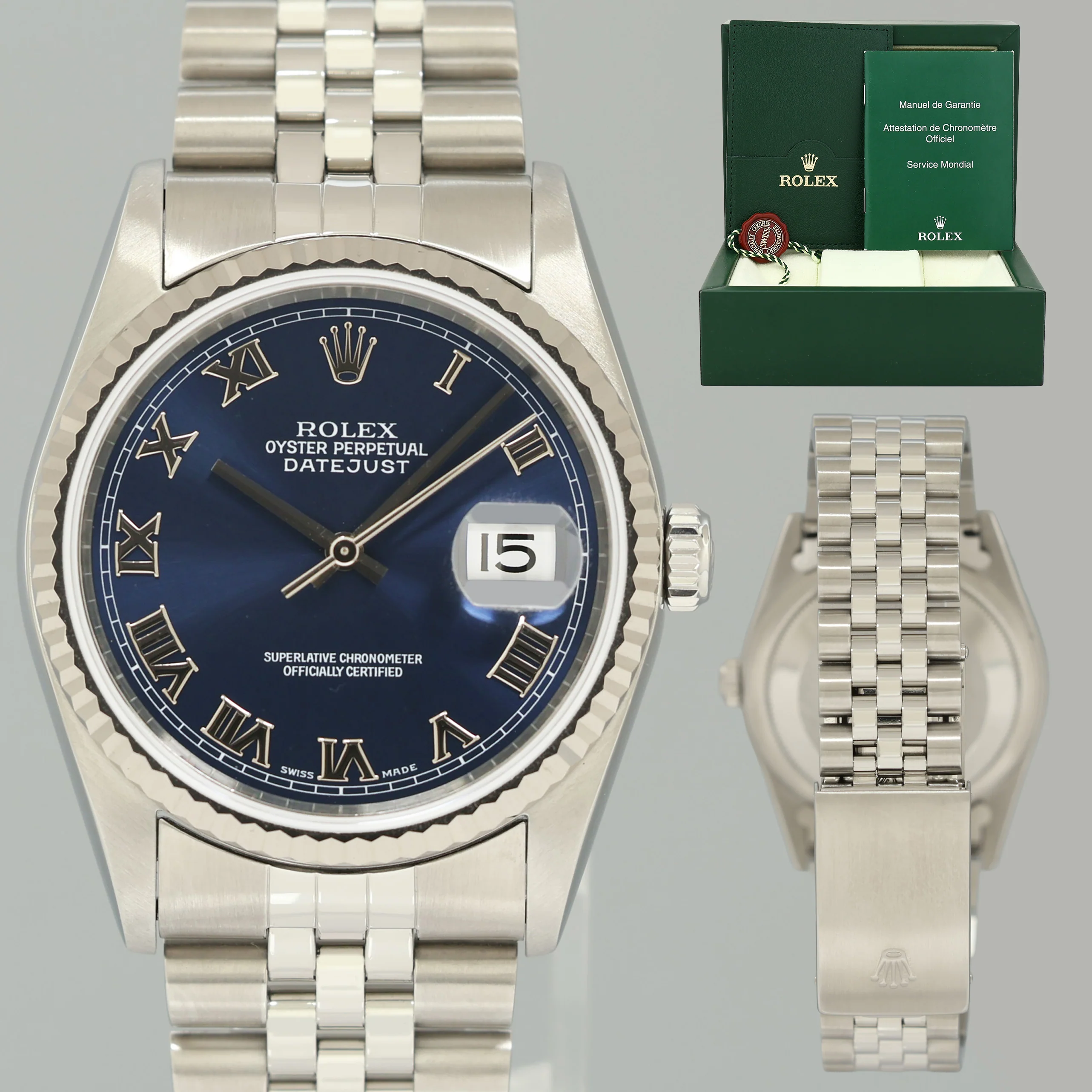 MINT Rolex DateJust 16234 Blue Roman Jubilee White Gold Fluted Watch Box