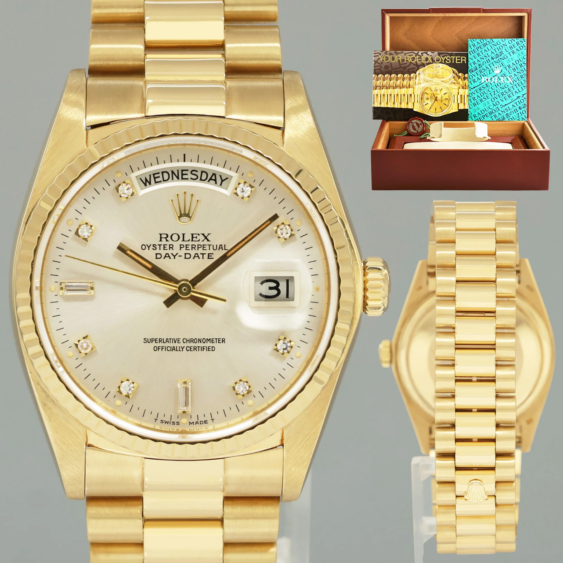 MINT Rolex President Day-Date Silver Diamond 18038 Quickset Yellow Gold Watch Box