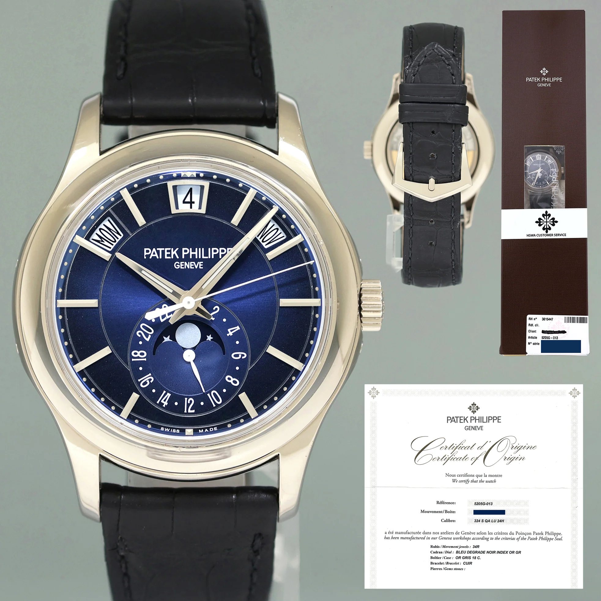 MINT PAPERS Patek Service Patek Philippe 5205G White Gold Annual Calendar Blue Watch