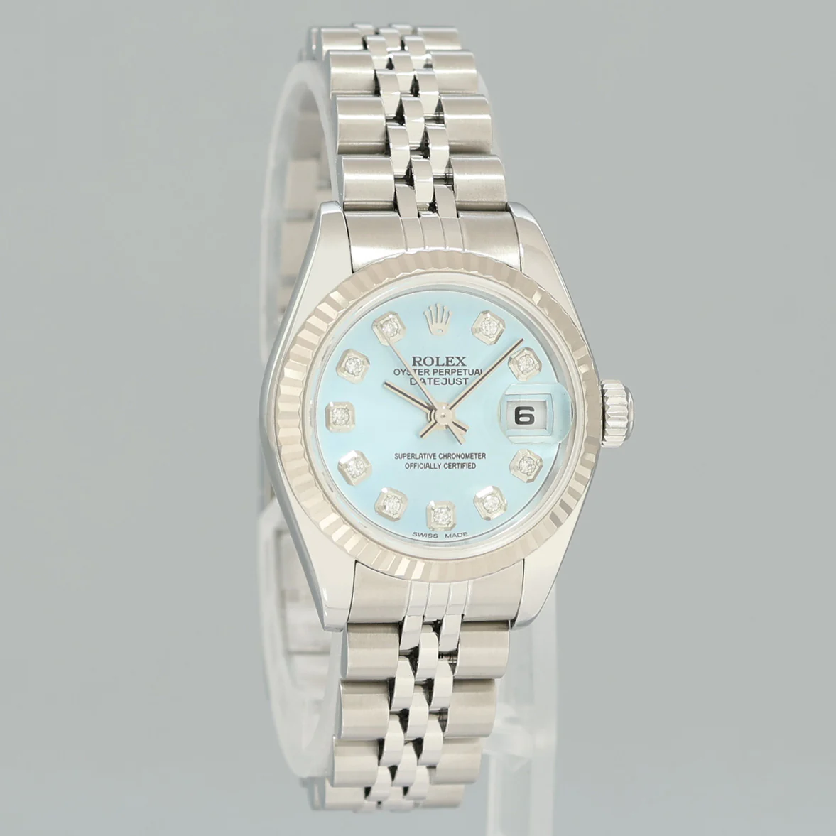 PAPERS Ladies Rolex 69174 DateJust 26mm Glacier Blue Diamond Fluted Bezel Jubilee Watch - Image 3