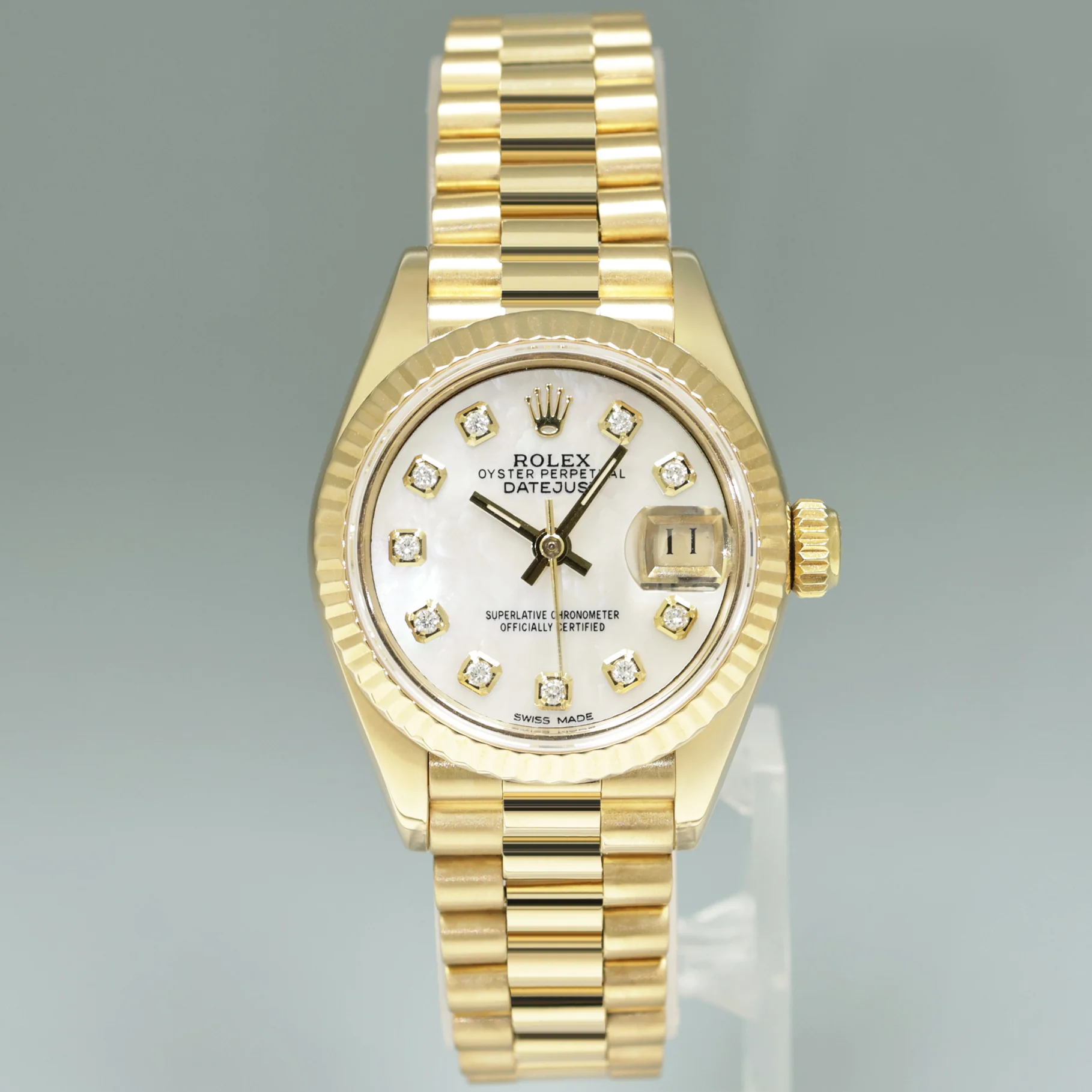 PAPERS MINT 69178 Pearl Diamond Ladies Rolex DateJust President 26mm Yellow Gold Watch - Image 2