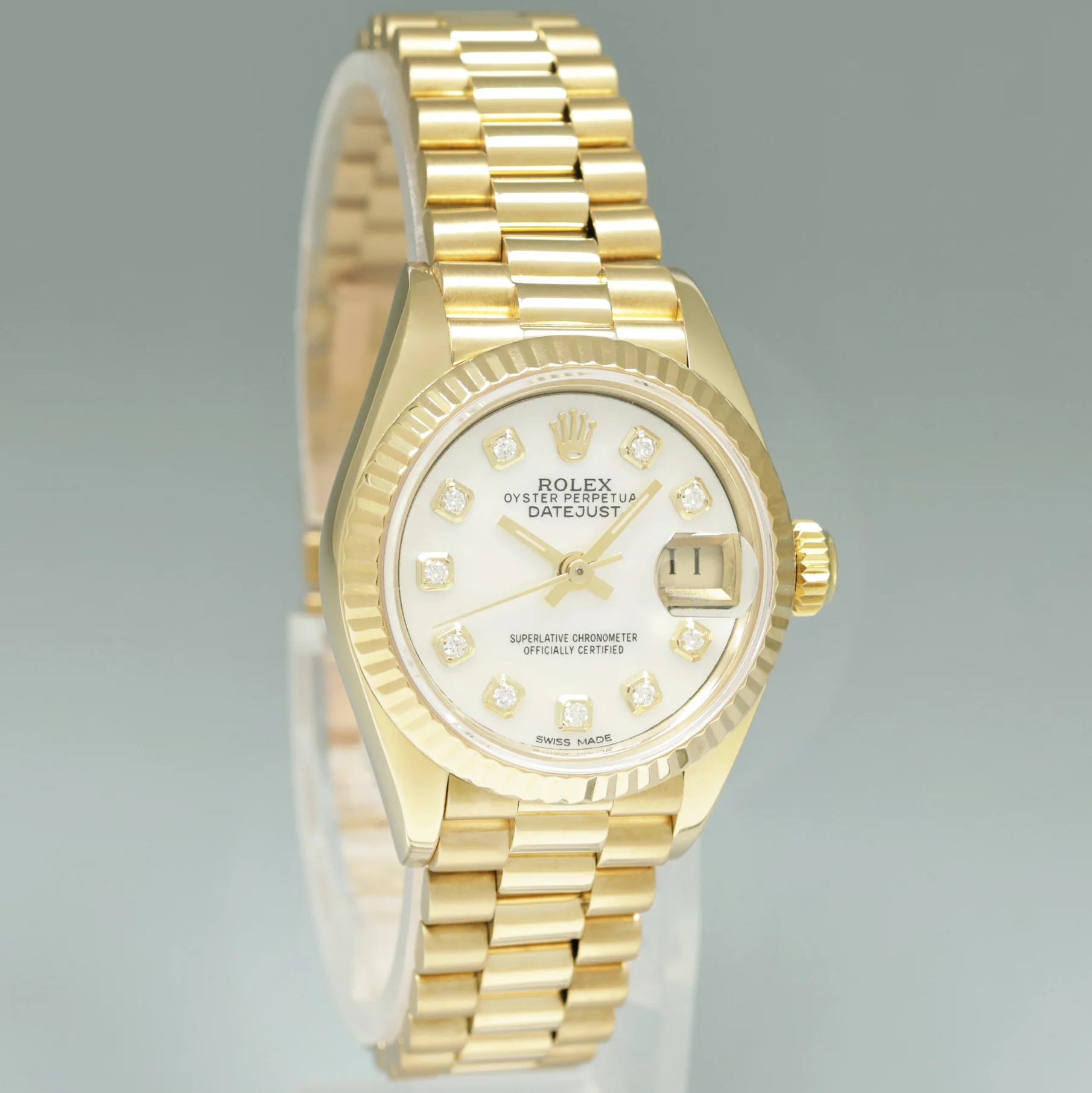 PAPERS MINT 69178 Pearl Diamond Ladies Rolex DateJust President 26mm Yellow Gold Watch - Image 3