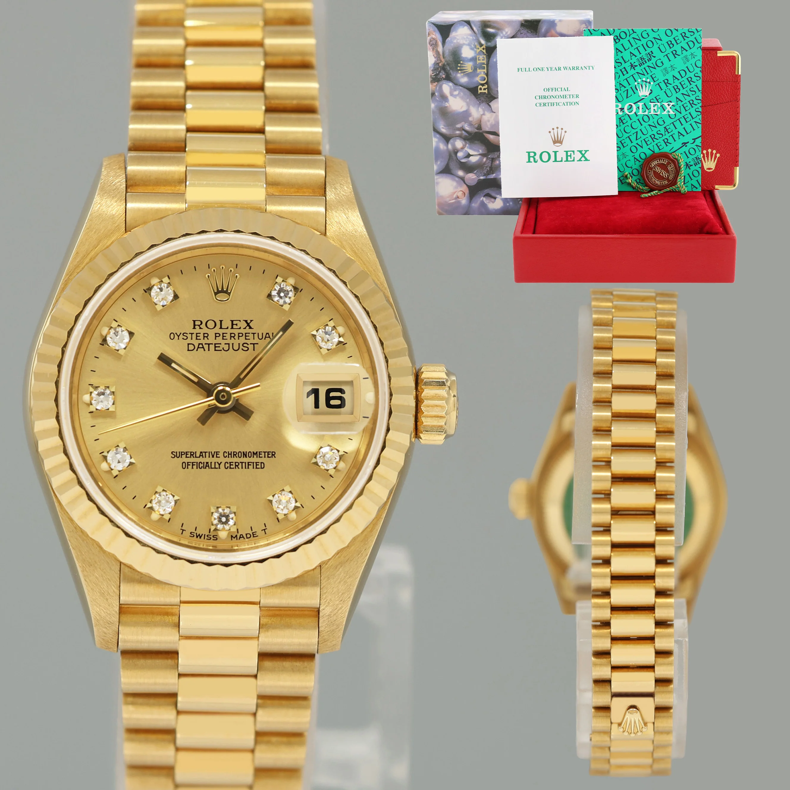 PAPERS MINT Factory Diamond Ladies 69178 Rolex DateJust President 26mm Yellow Gold Watch Box