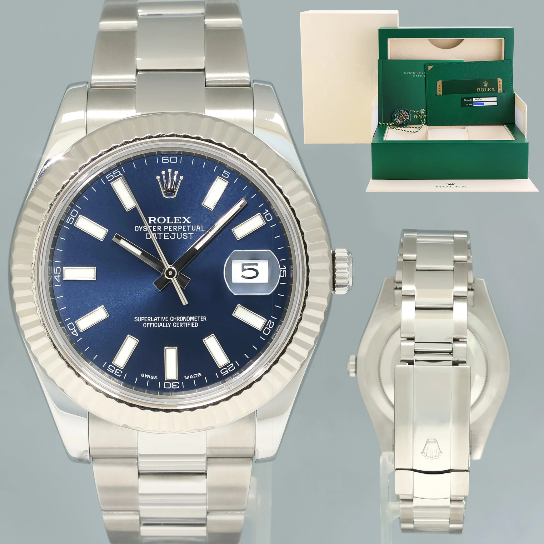 PAPERS MINT Rolex DateJust II Blue Stick White Gold Fluted Bezel 116334 Watch Box