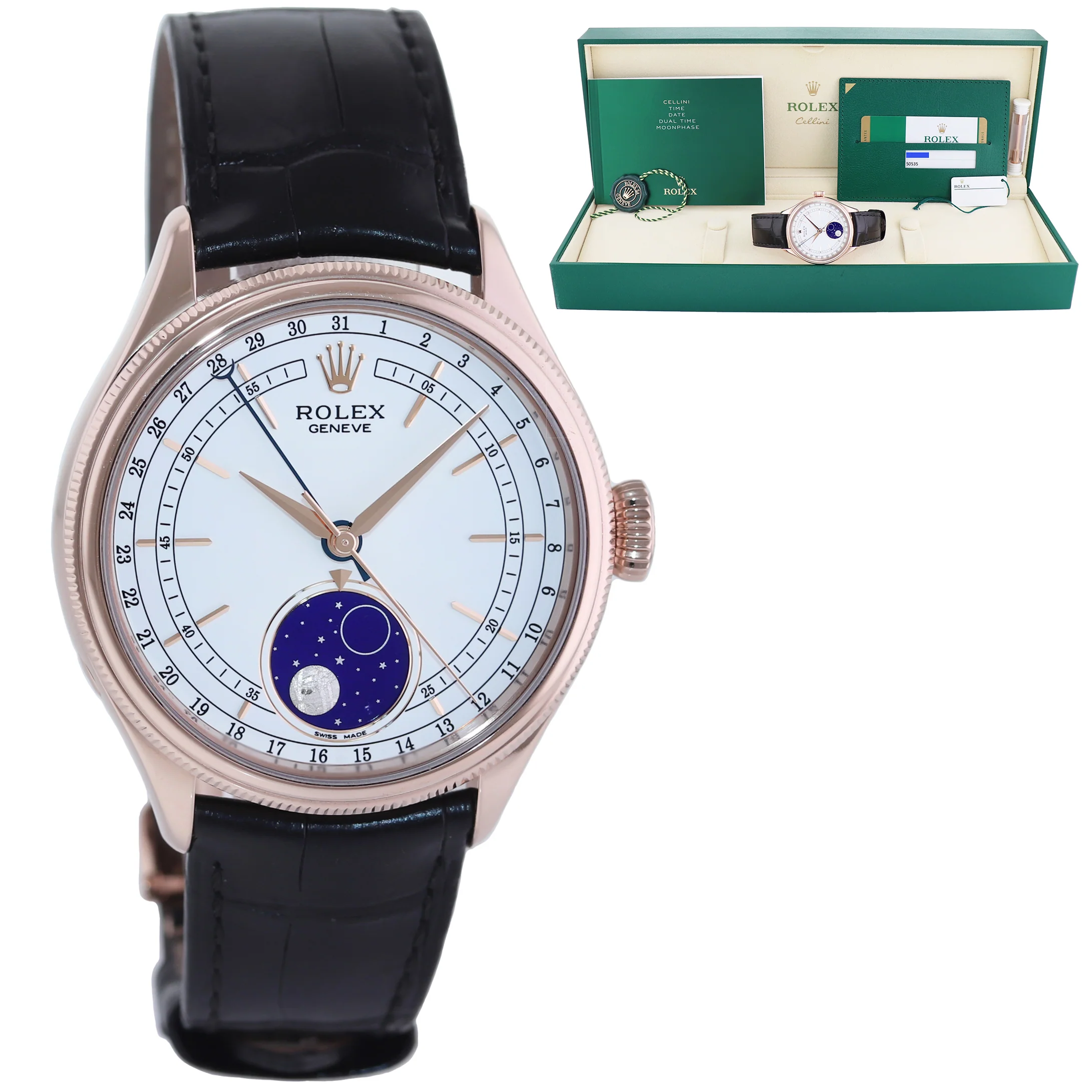 MINT PAPERS Rolex Cellini Moonphase White Dial Rose Gold 39mm Leather 50535 Watch
