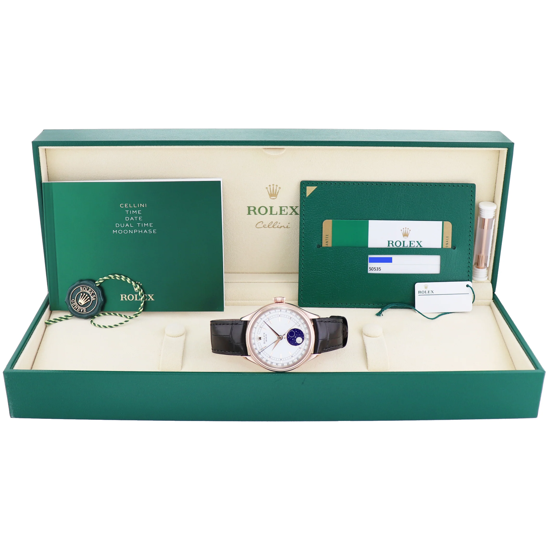 MINT PAPERS Rolex Cellini Moonphase White Dial Rose Gold 39mm Leather 50535 Watch - Image 8