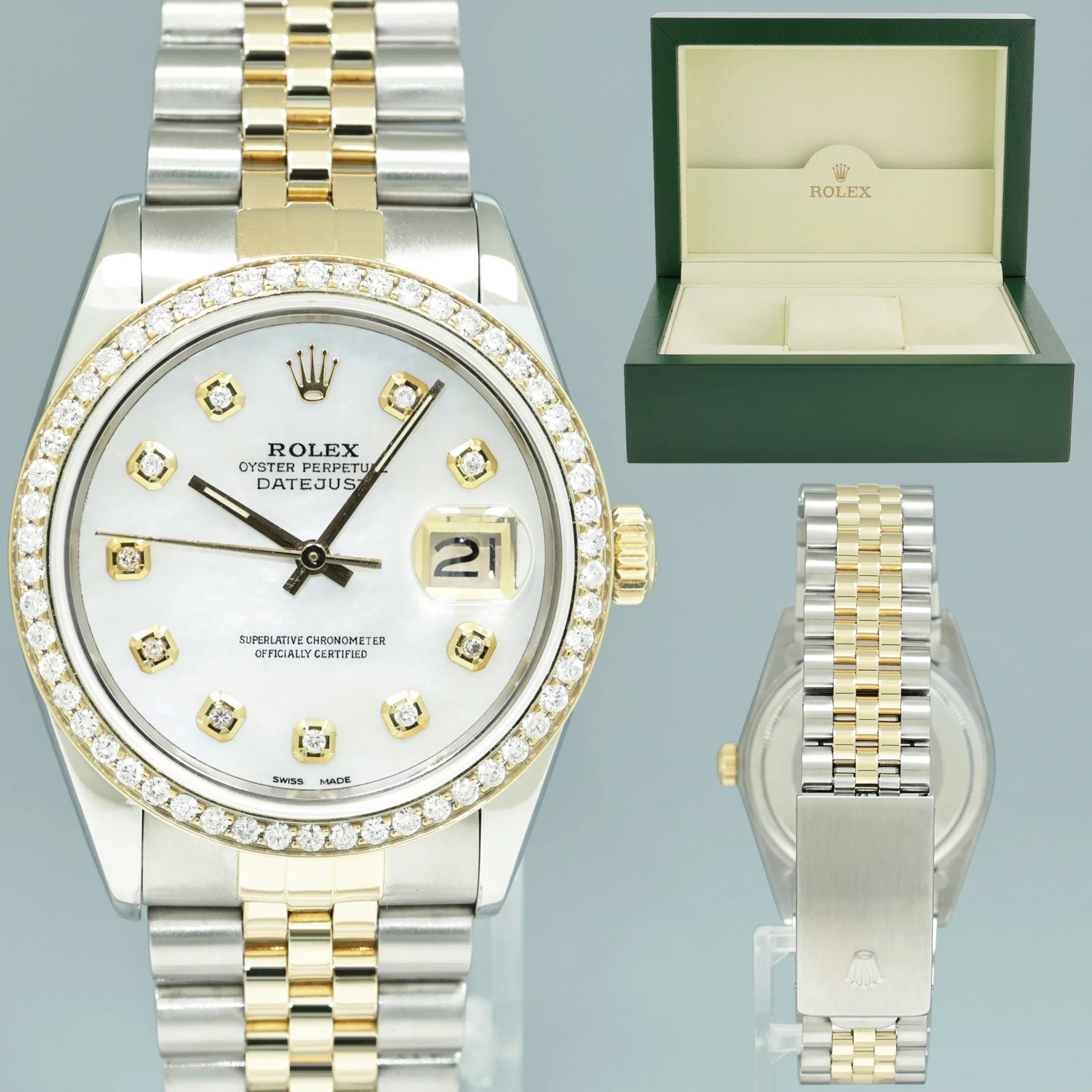 PEARL & DIAMOND BEZEL Rolex DateJust 16233 Two-Tone Yellow Gold Jubilee Watch Box