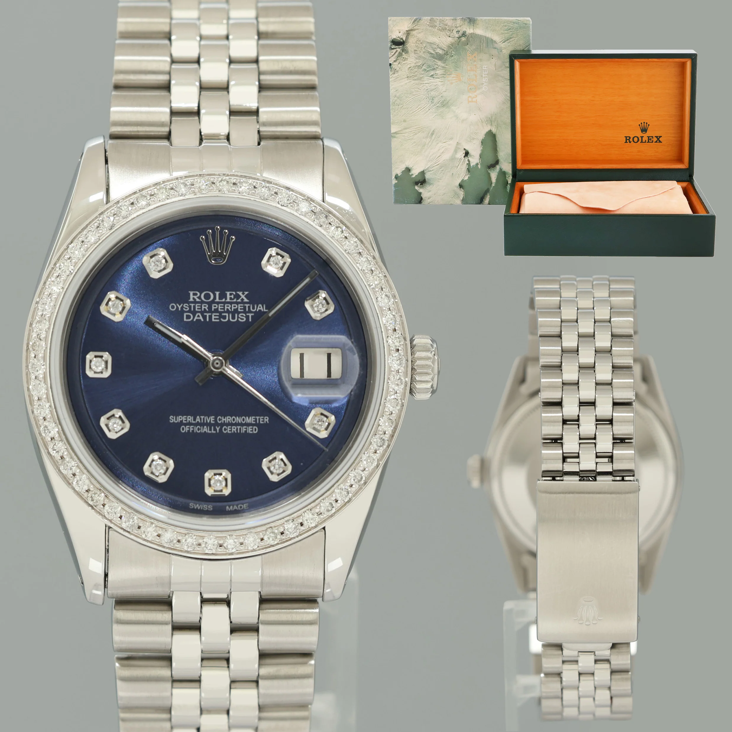 Rolex DateJust 1601 Blue Diamond Bezel Dial White Gold Jubilee Band 36mm Watch Box