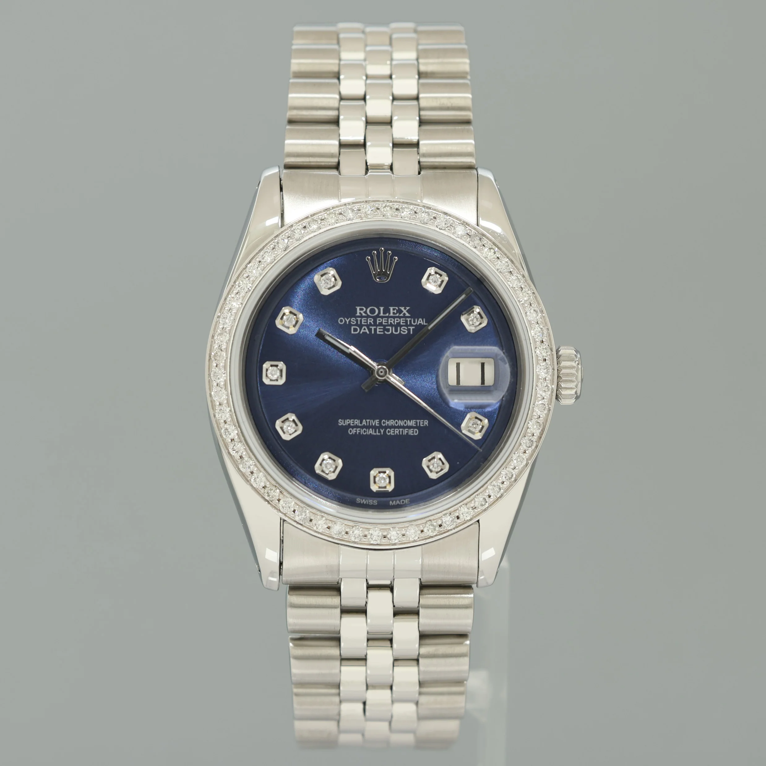 Rolex DateJust 1601 Blue Diamond Bezel Dial White Gold Jubilee Band 36mm Watch Box - Image 2