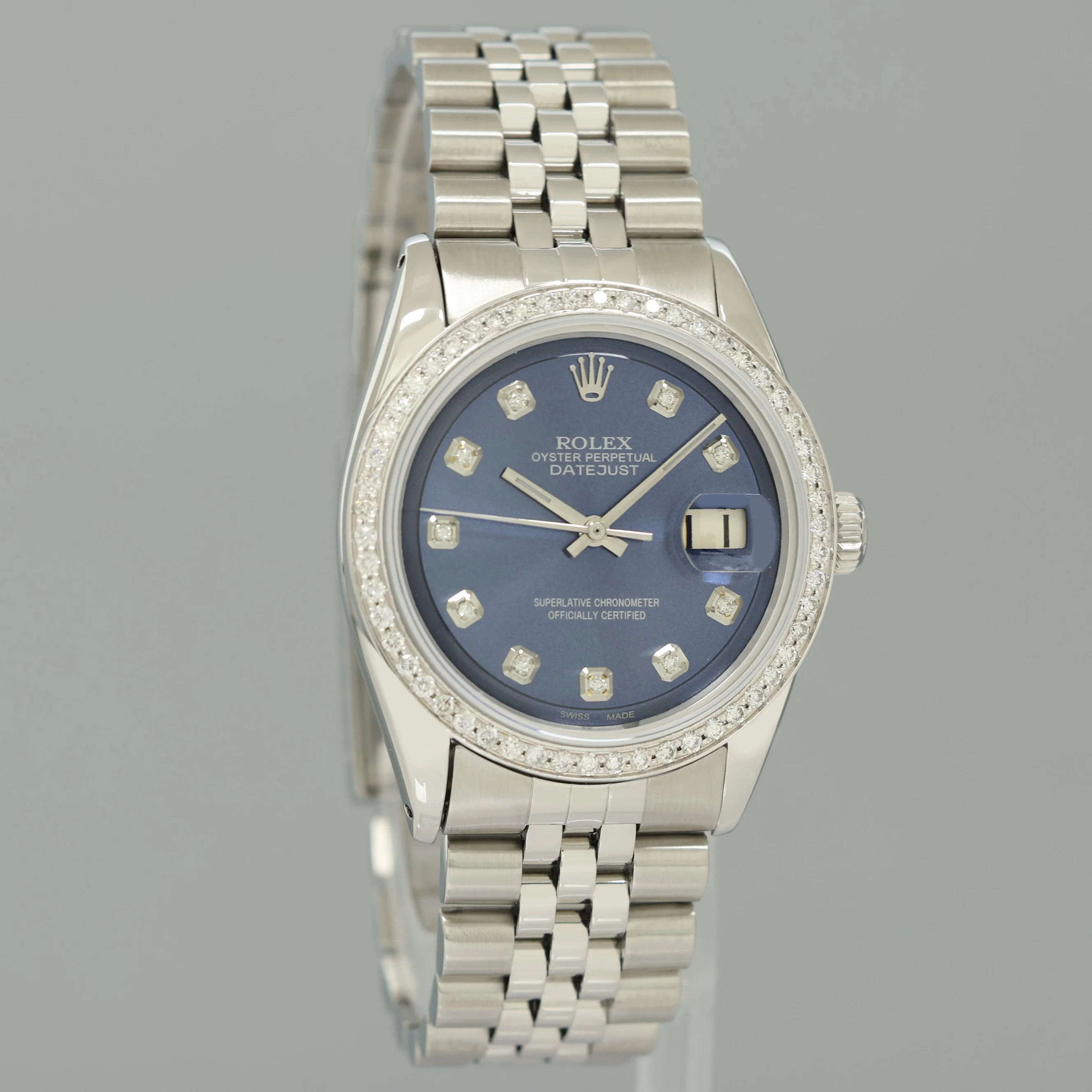 Rolex DateJust 1601 Blue Diamond Bezel Dial White Gold Jubilee Band 36mm Watch Box - Image 3